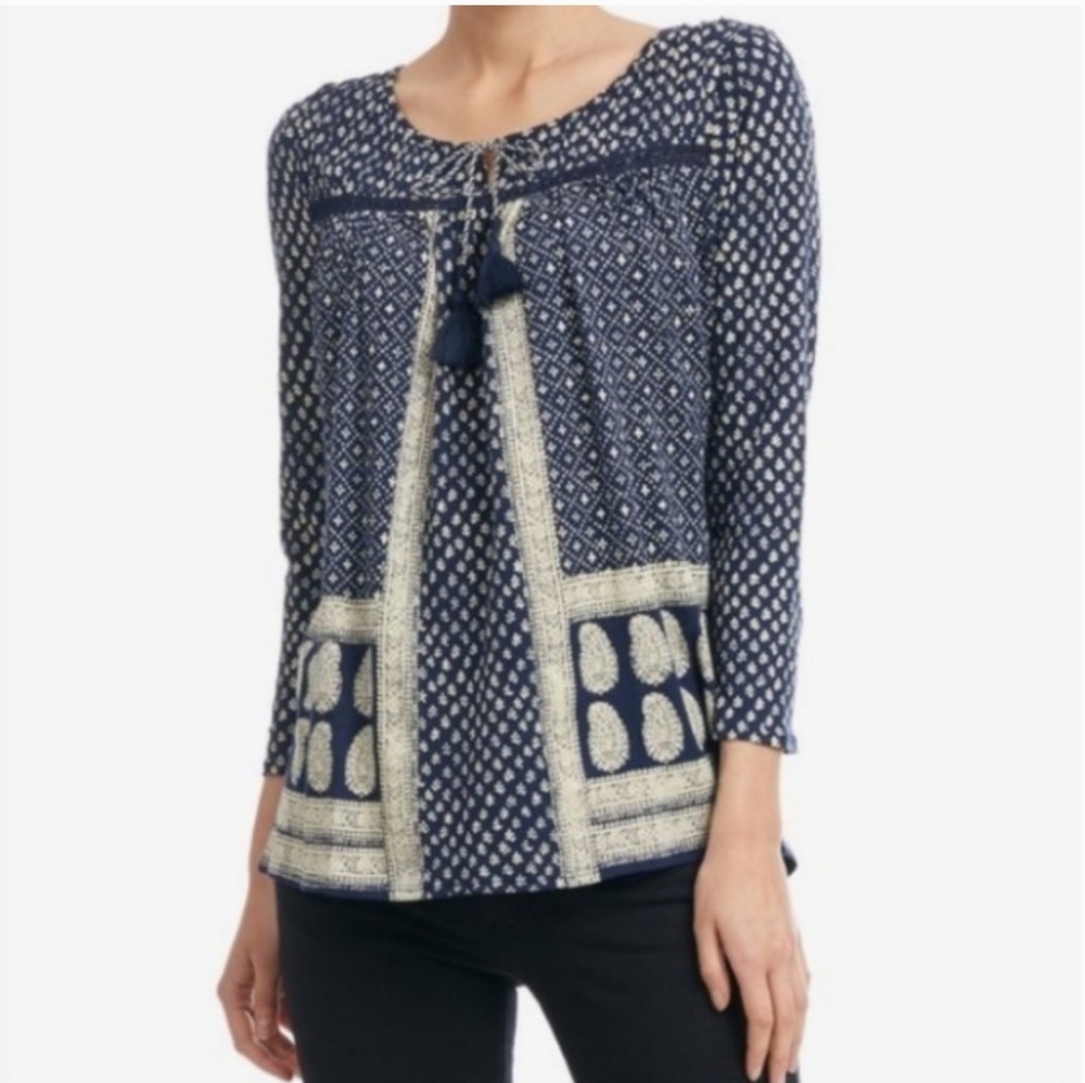 Women's Lucky Brand Blue & White Tassel Print Top - S